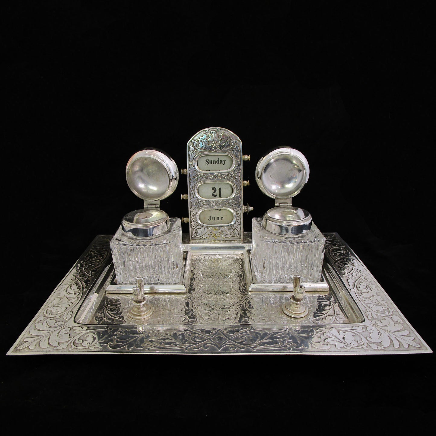 Silver plated double ink stand with calendar