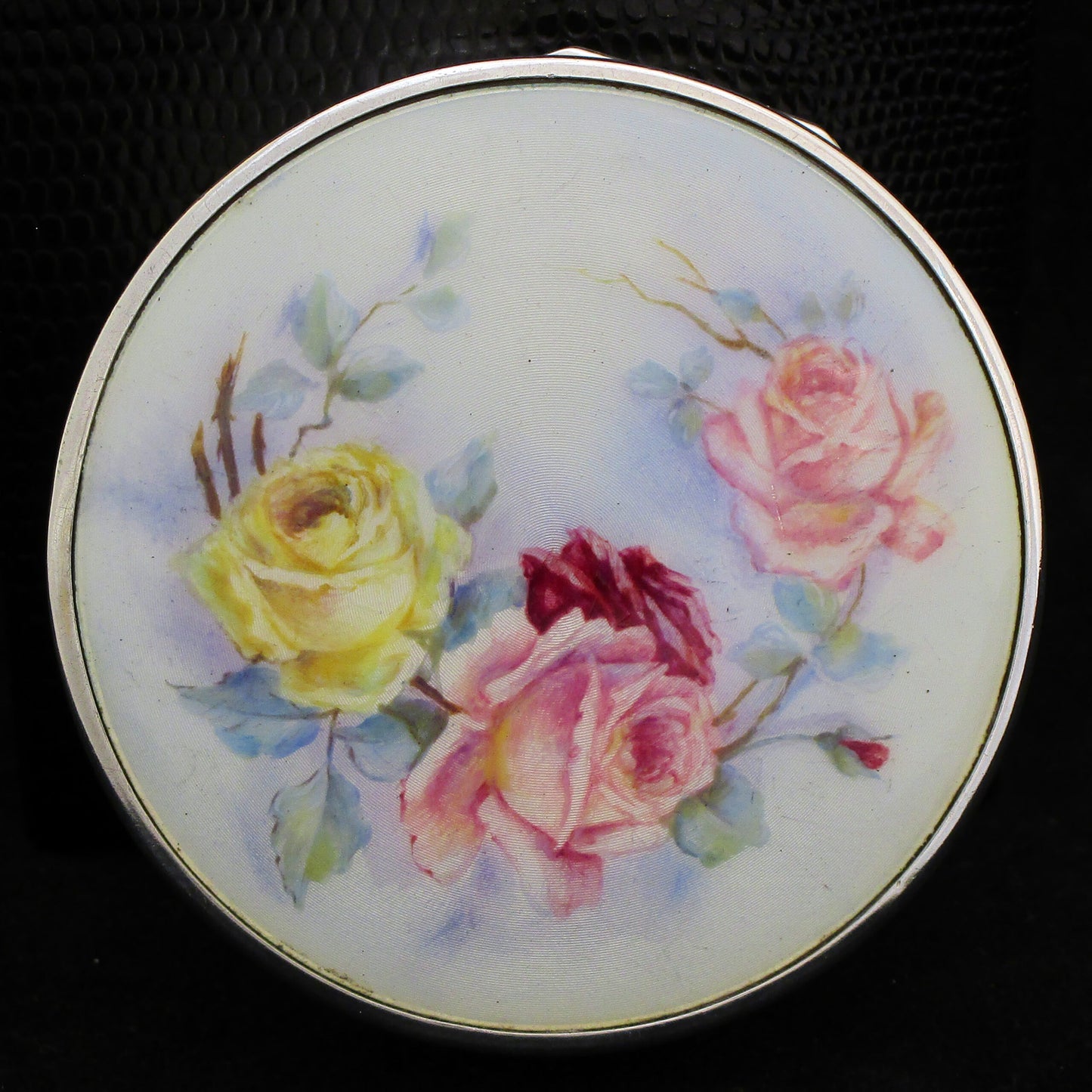 Sterling Silver enamel box/compact with hand painted Roses.
