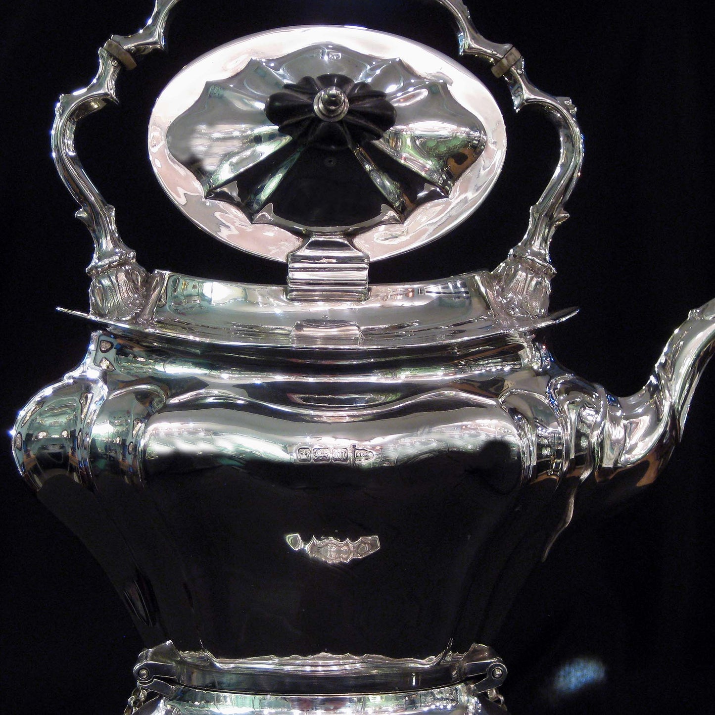 Silver kettle on stand by Walker & Hall