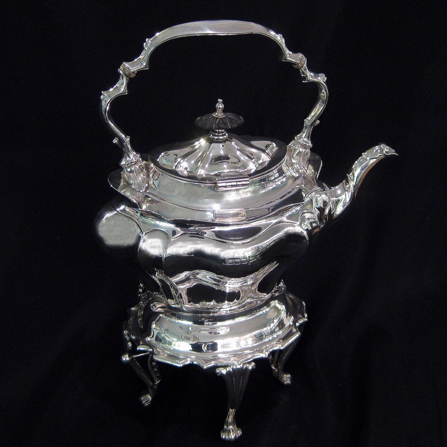 Silver kettle on stand by Walker & Hall