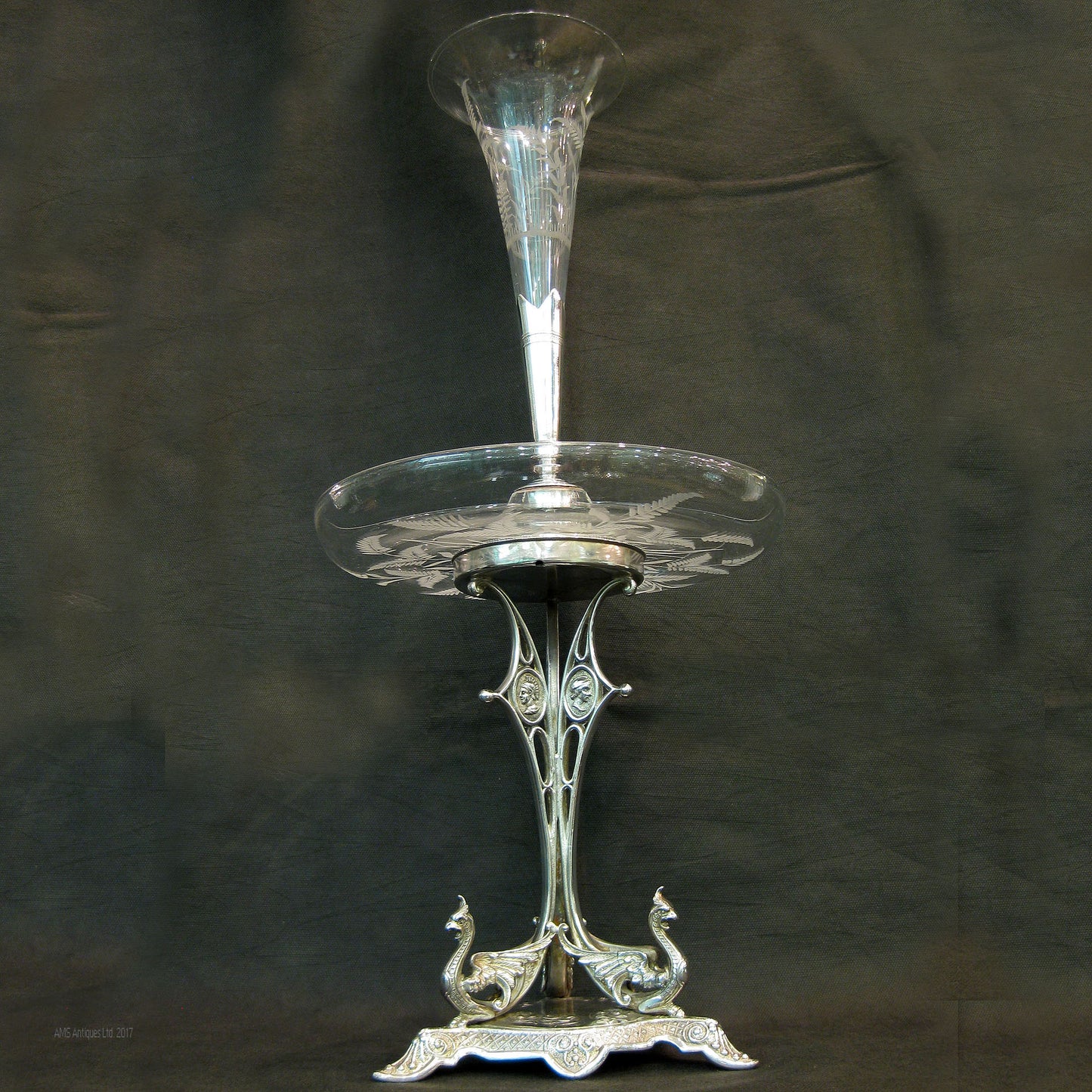 centrepiece/epergne with cut/etched glass.