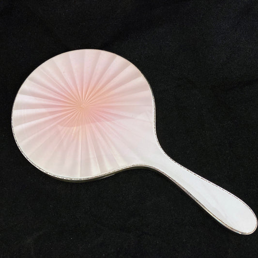 Sterling silver and pink iridescent guilloche enamel hand mirror