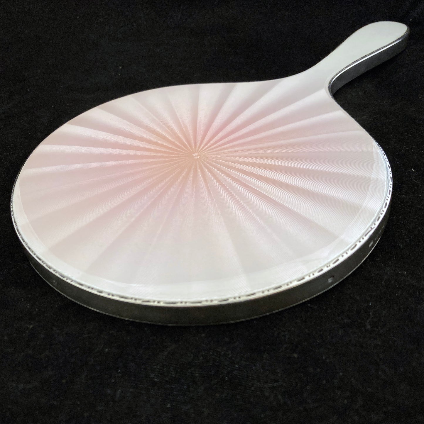 Sterling silver and pink iridescent guilloche enamel hand mirror