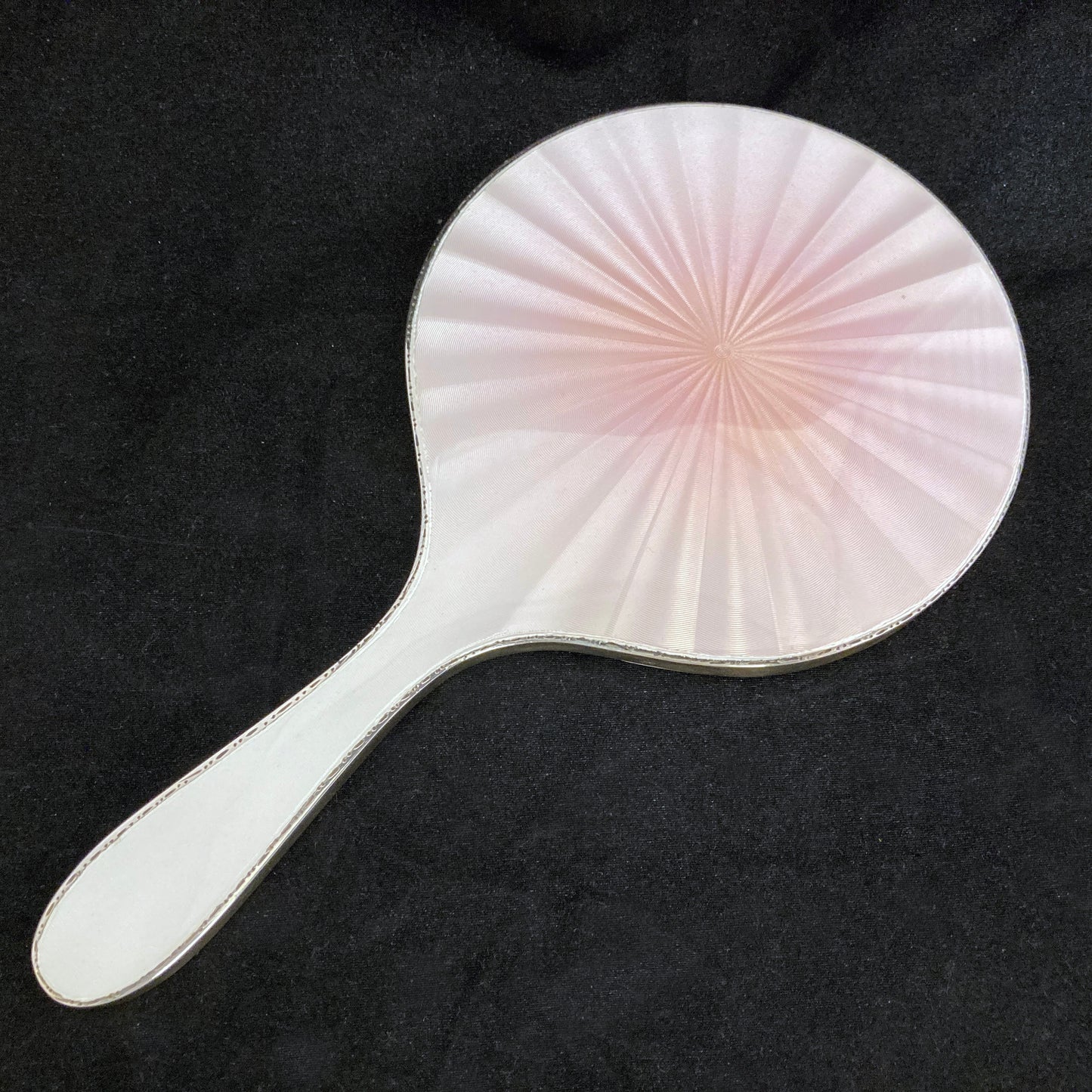 Sterling silver and pink iridescent guilloche enamel hand mirror