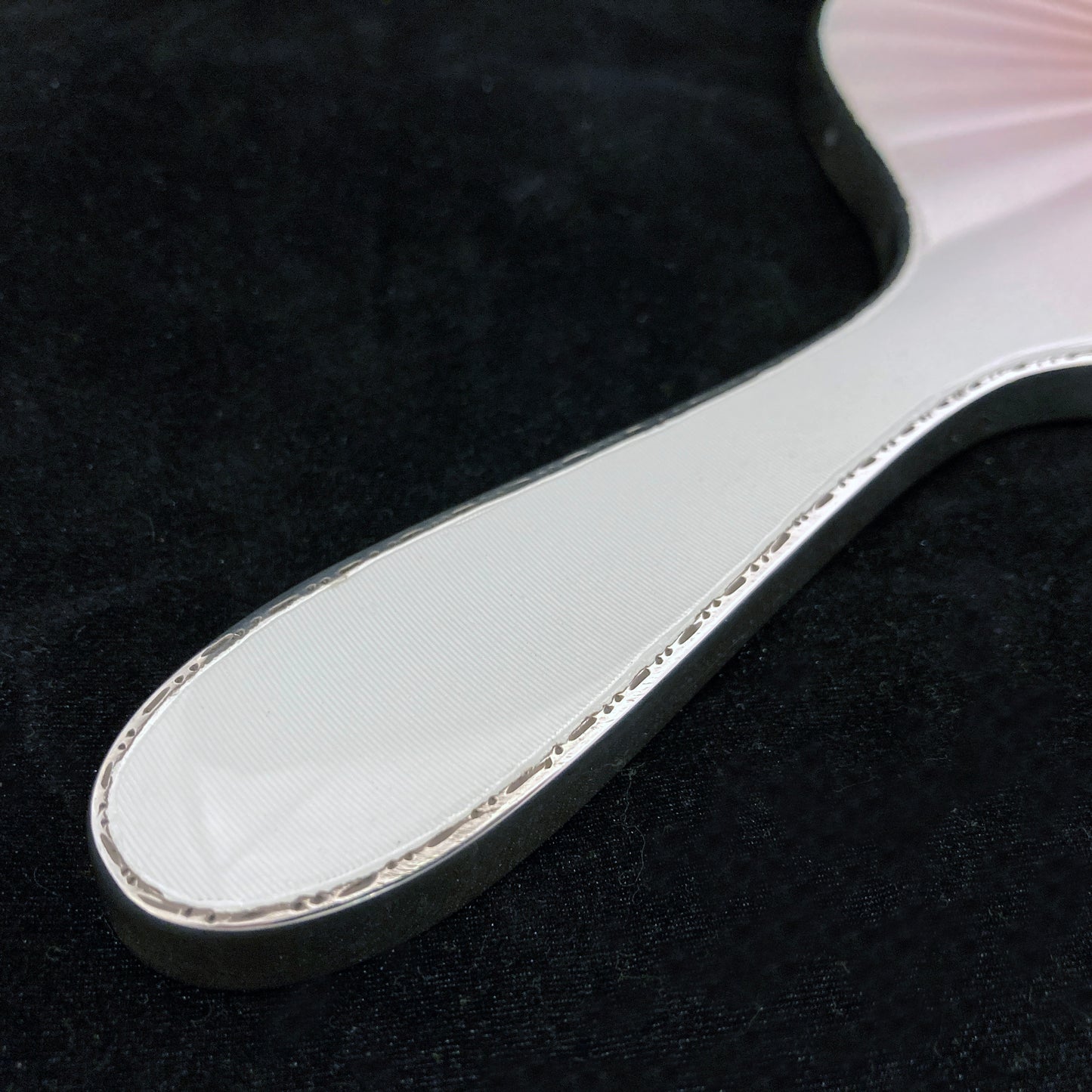 Sterling silver and pink iridescent guilloche enamel hand mirror