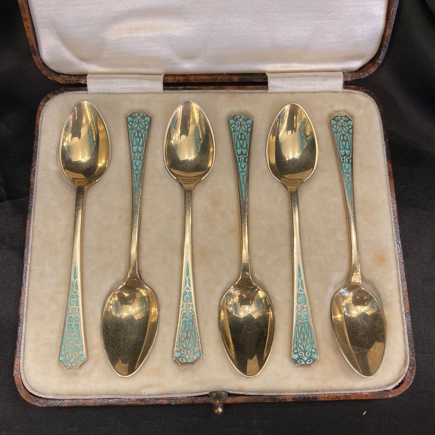 Antique Sterling silver and enamel boxed coffee spoon set