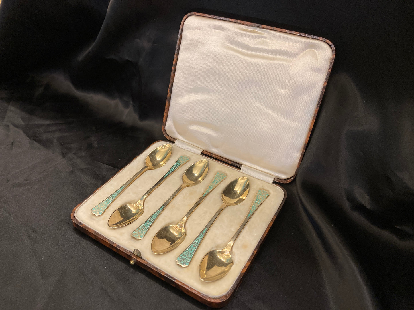 Antique Sterling silver and enamel boxed coffee spoon set