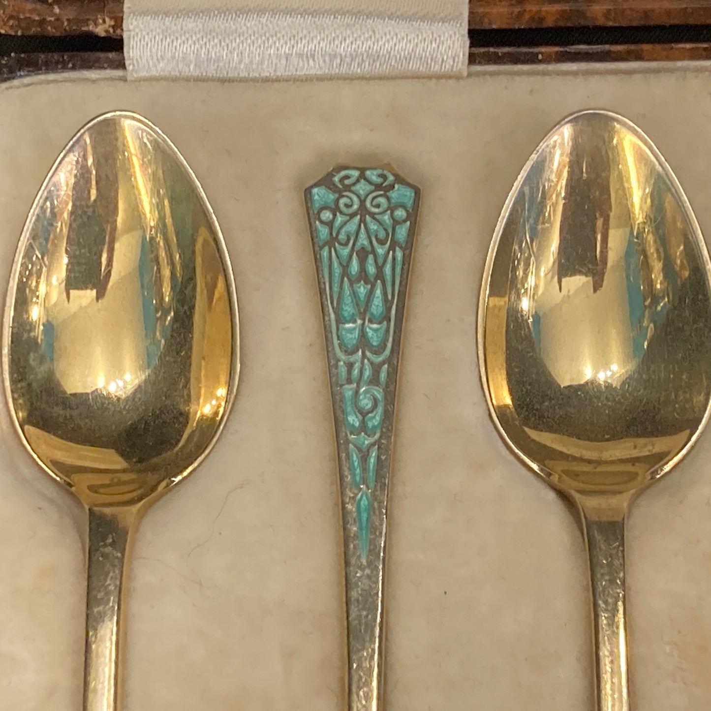 Antique Sterling silver and enamel boxed coffee spoon set