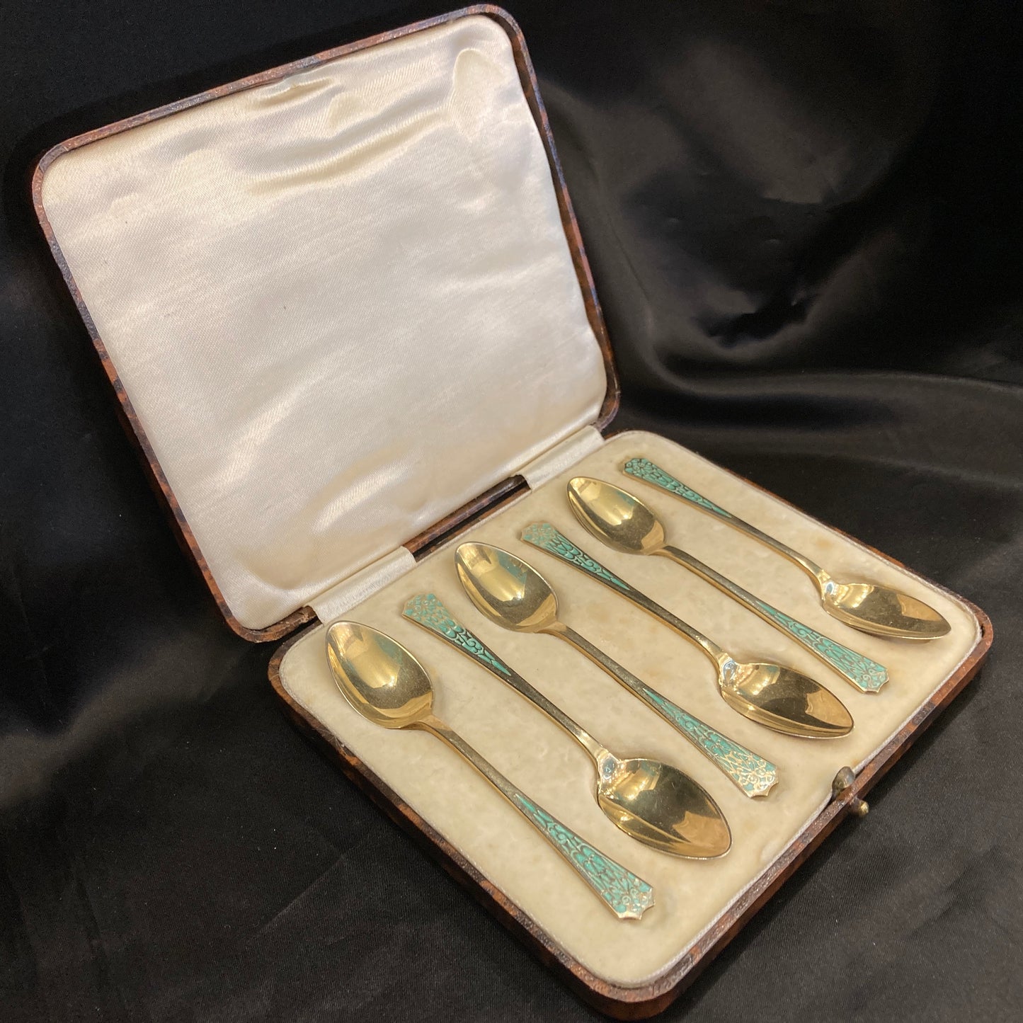 Antique Sterling silver and enamel boxed coffee spoon set