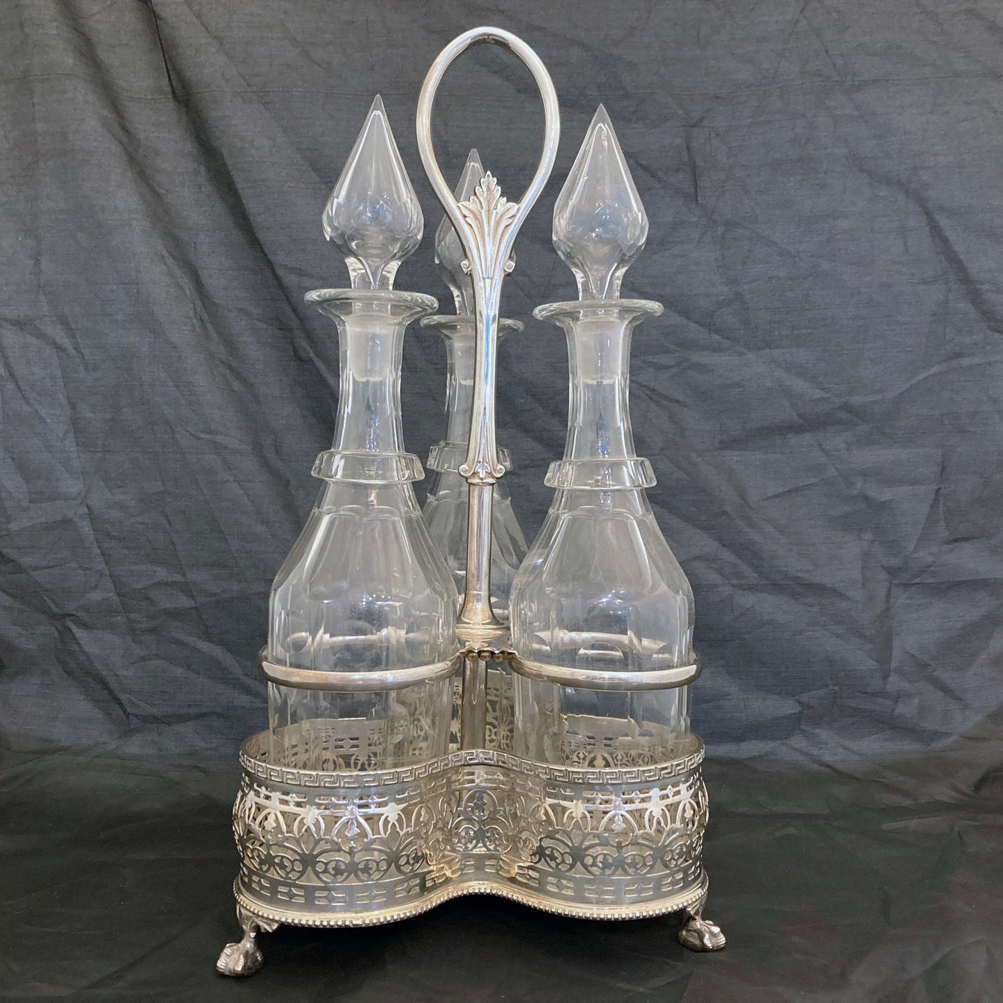 silverplated 3-Bottle Liqueur Decanter Stand Sheffield 1890