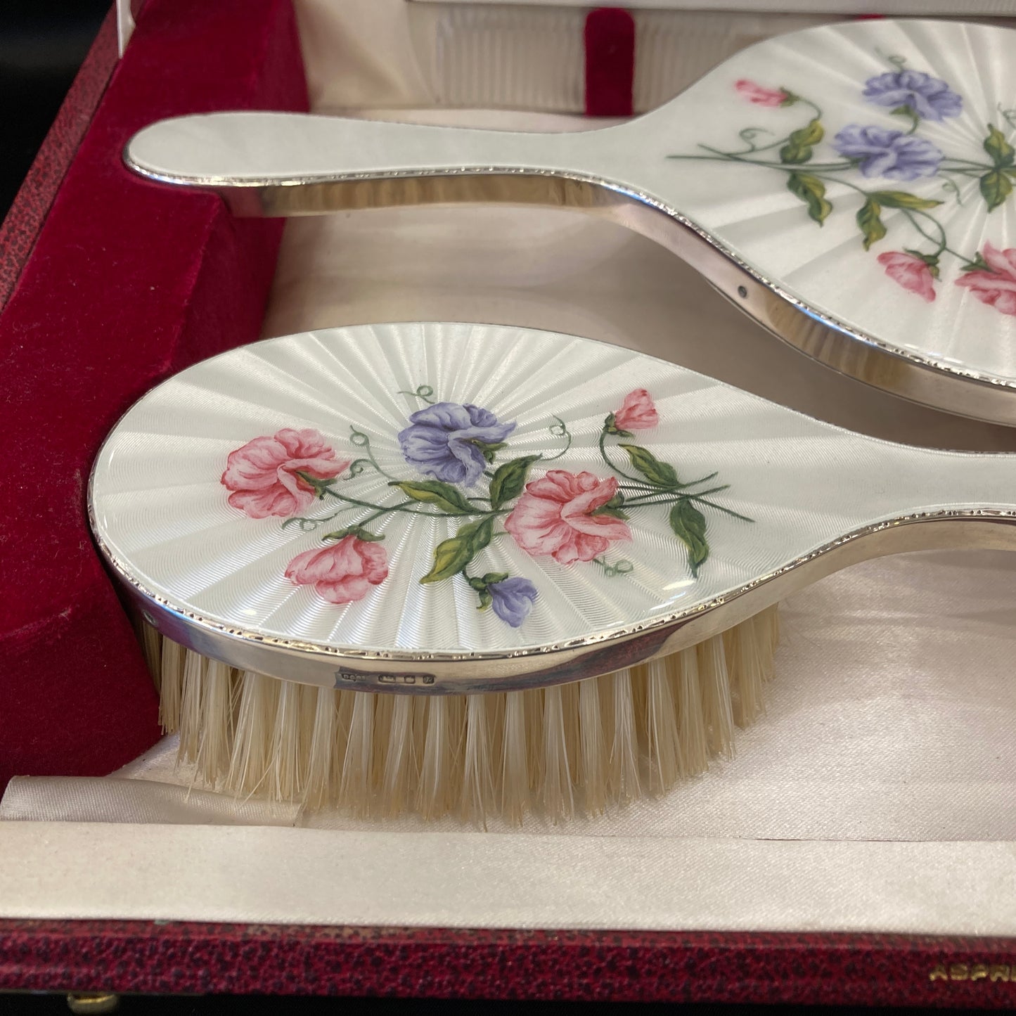 Hand painted silver and enamel boxed dressing table set