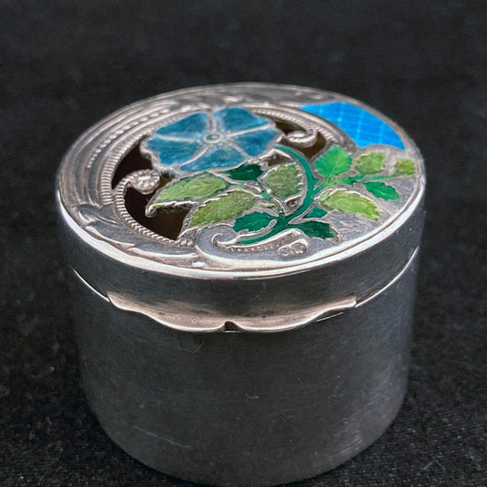 Sterling silver and hand painted enamel flower on pieced pot/box