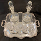 Antique silver plated drinks tray with cut crystal bottles and glasses