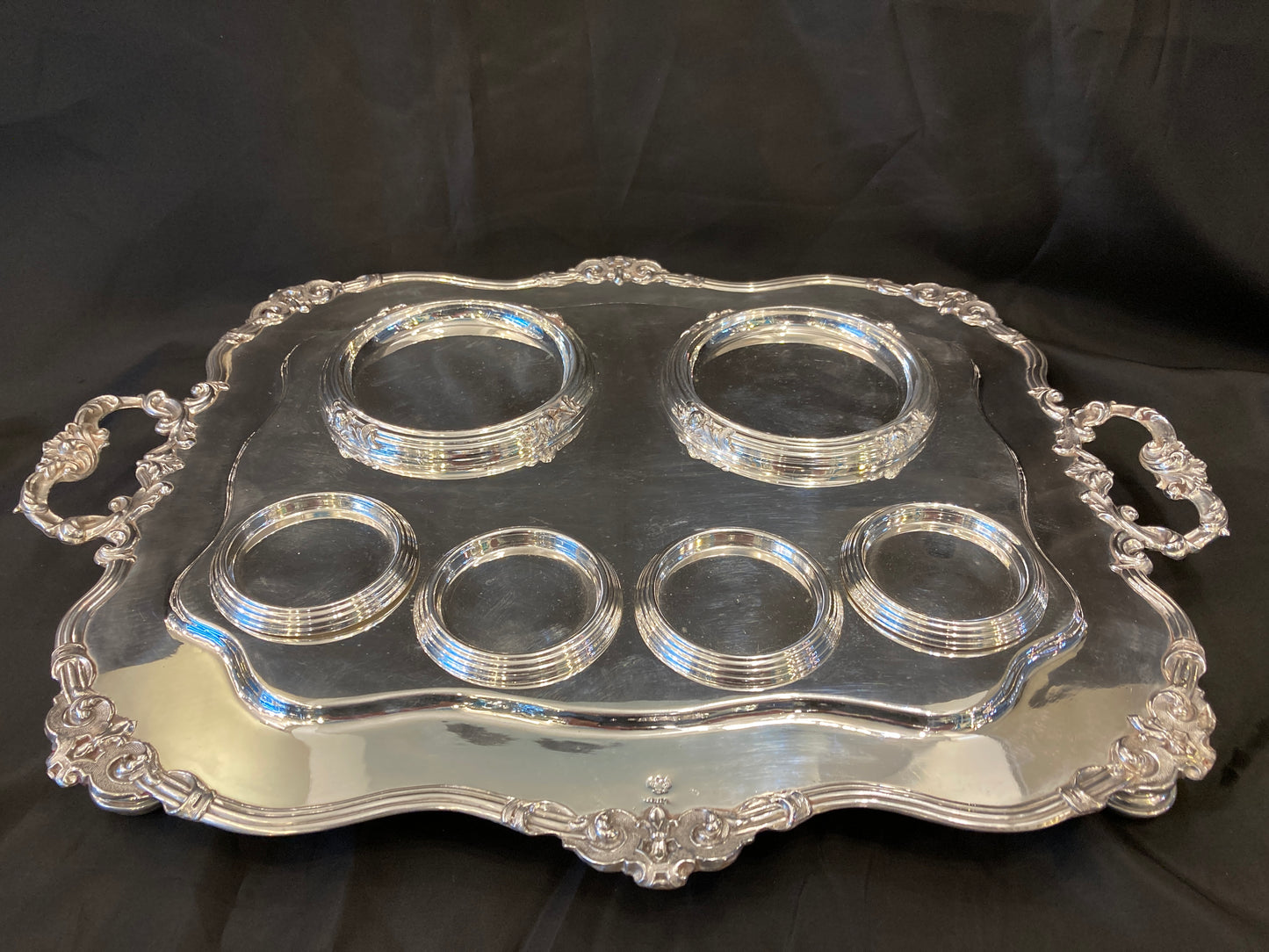 Antique silver plated drinks tray with cut crystal bottles and glasses