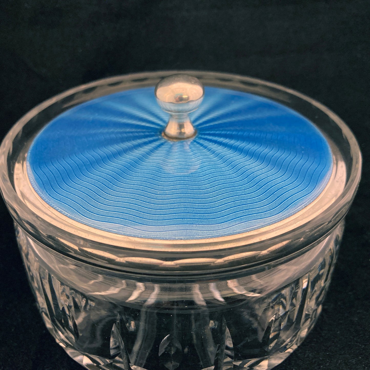 Large powder jar with blue guilloche enamel on silver lid by Adie Bros