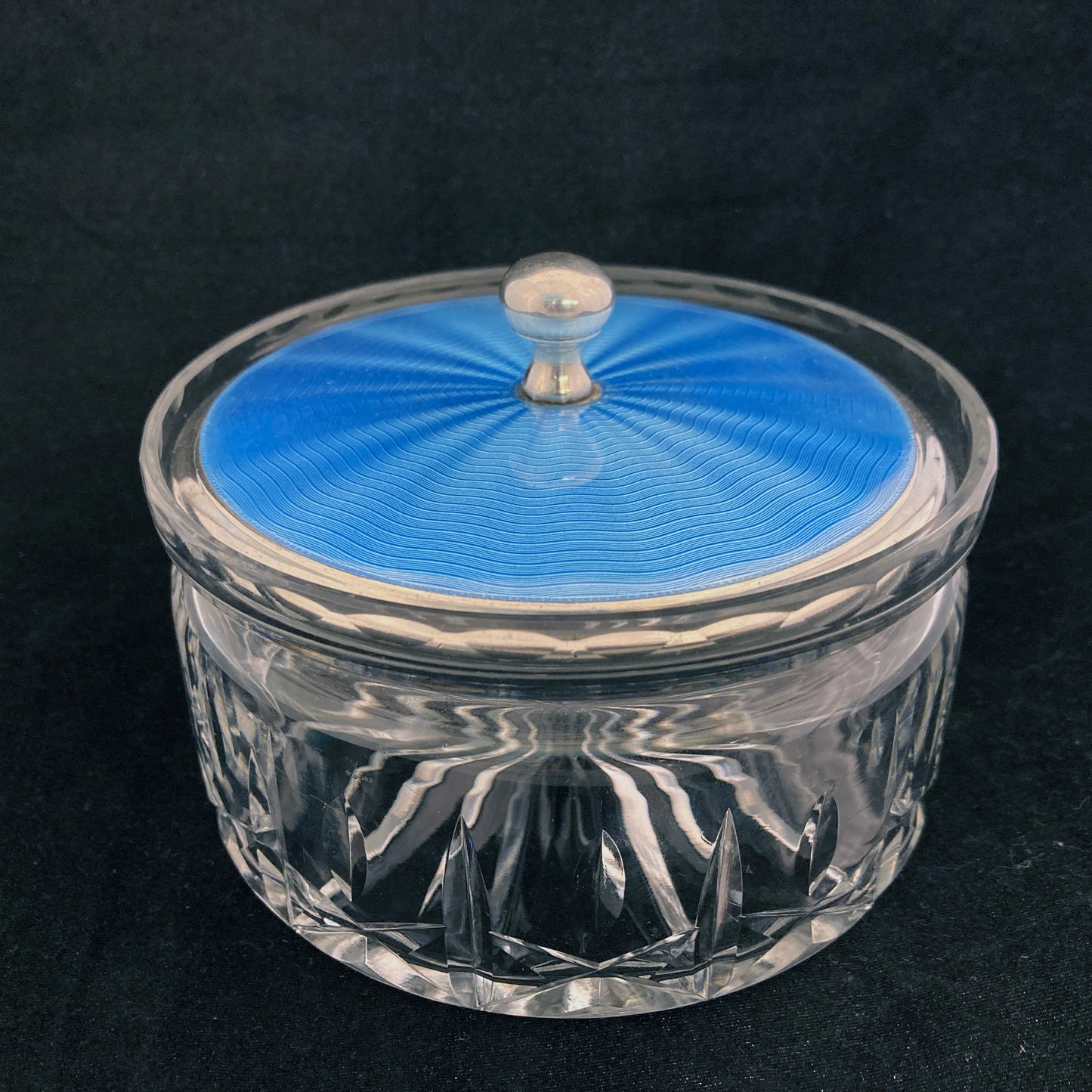 Large powder jar with blue guilloche enamel on silver lid by Adie Bros