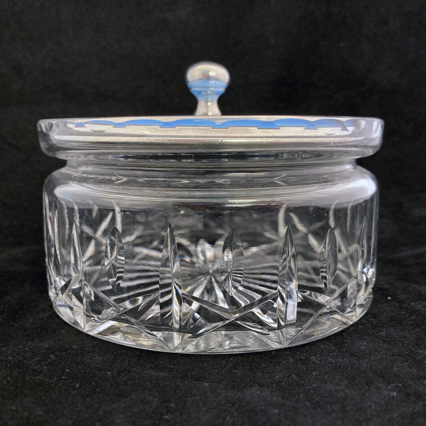 Large powder jar with blue guilloche enamel on silver lid by Adie Bros