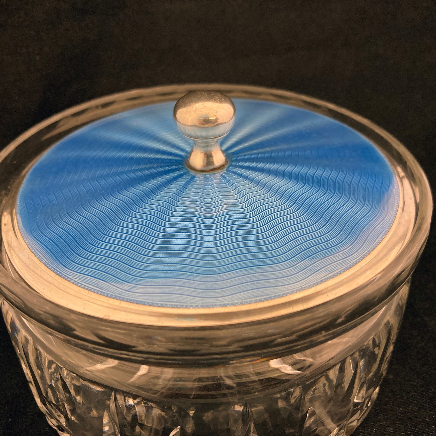 Large powder jar with blue guilloche enamel on silver lid by Adie Bros