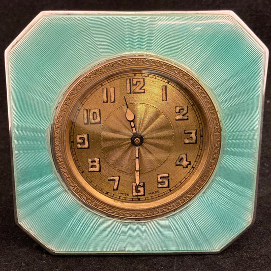 Sterling silver and guilloche enamel Art Deco table clock