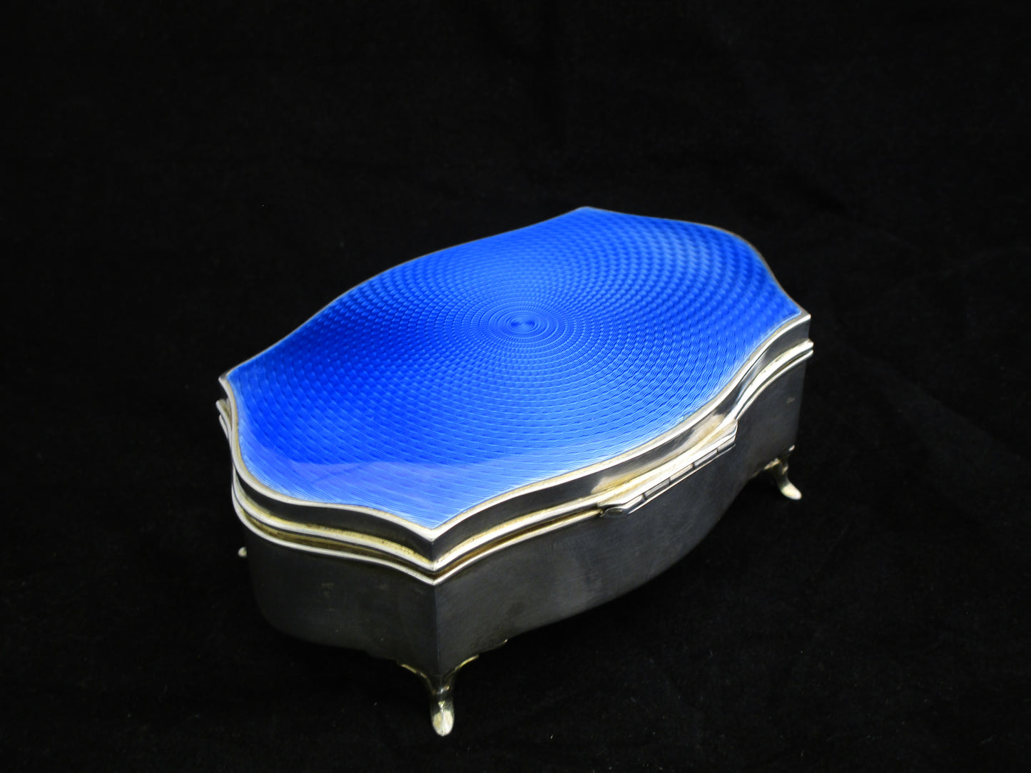 Sterling silver and blue guilloche enamel box by Walker & Hall