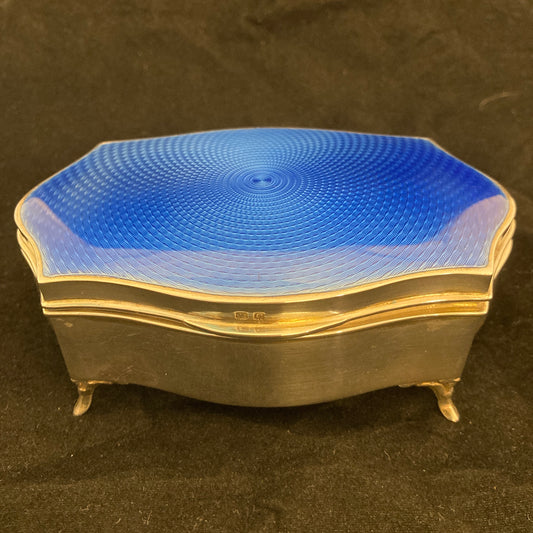 Sterling silver and blue guilloche enamel box by Walker & Hall
