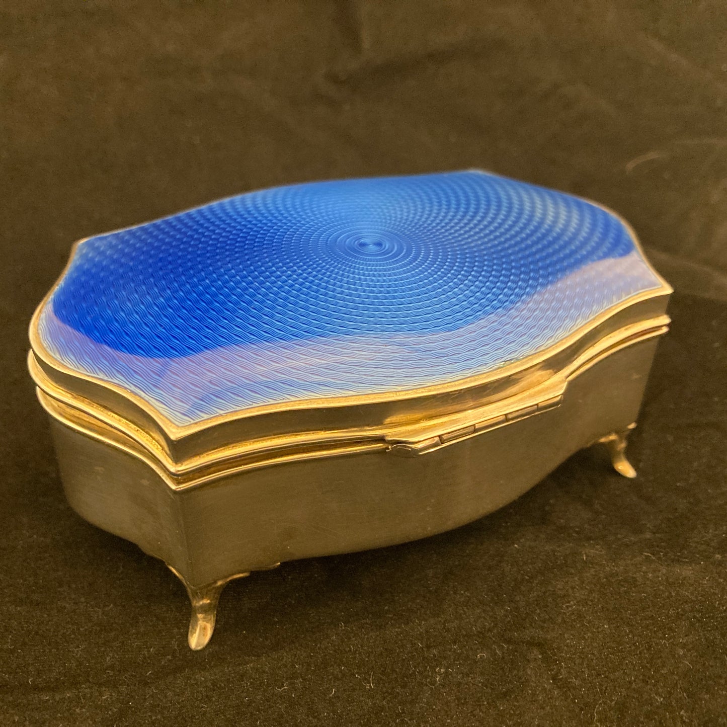 Sterling silver and blue guilloche enamel box by Walker & Hall