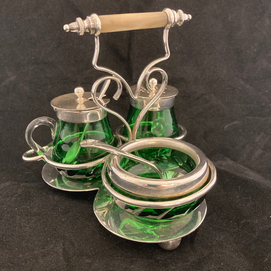 Deco silverplated condiment set with green glass(rare)