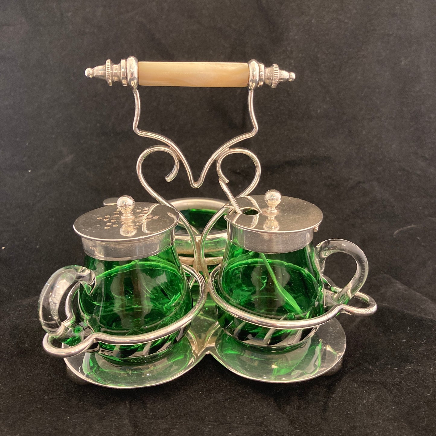 Deco silverplated condiment set with green glass(rare)