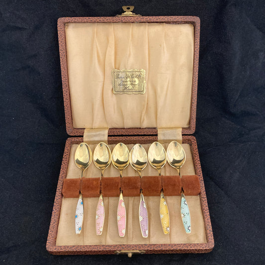 Set of 6 sterling silver and guilloche enamel Danish spoons by Fricast