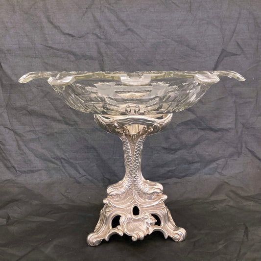 Silver plated centre piece with dolphins and a cut crystal bowl