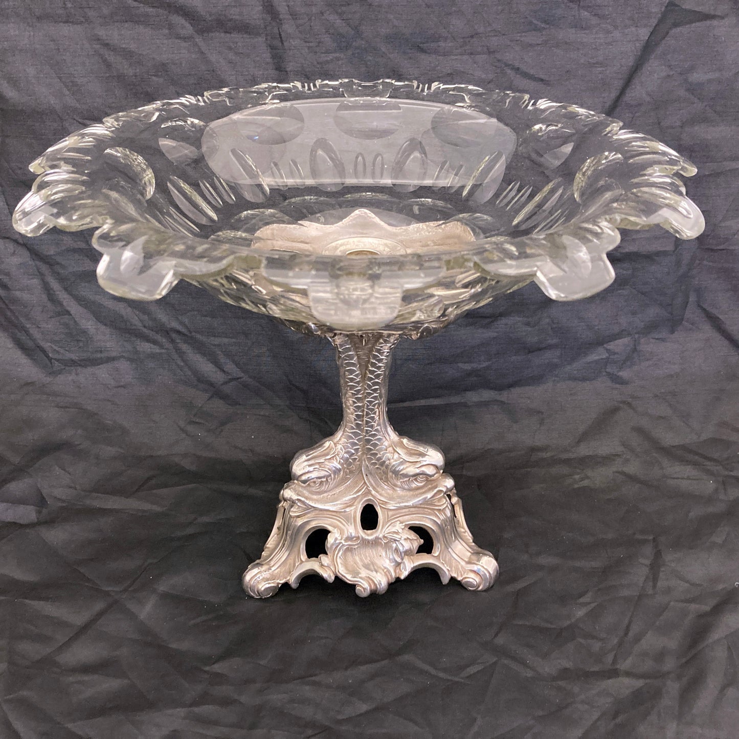 Silver plated centre piece with dolphins and a cut crystal bowl