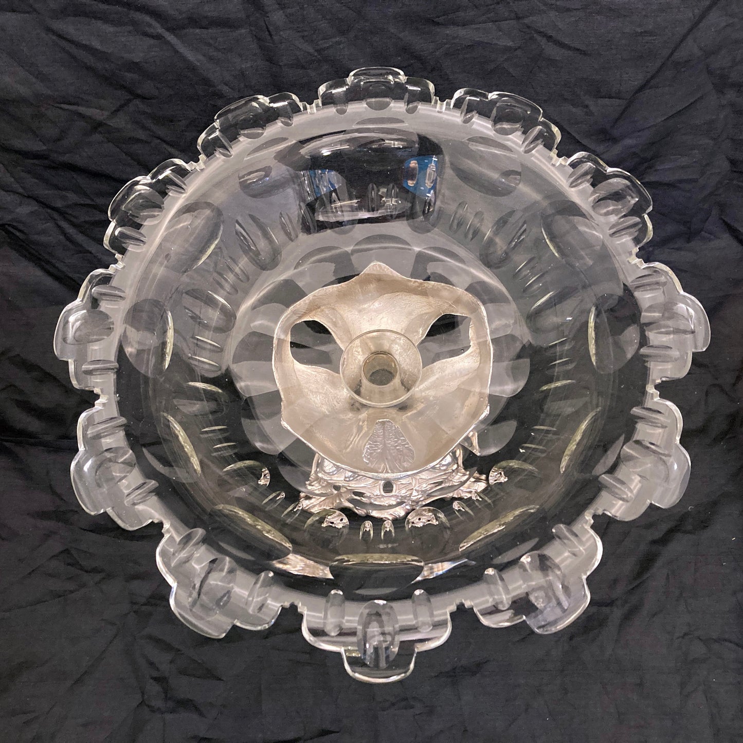 Silver plated centre piece with dolphins and a cut crystal bowl