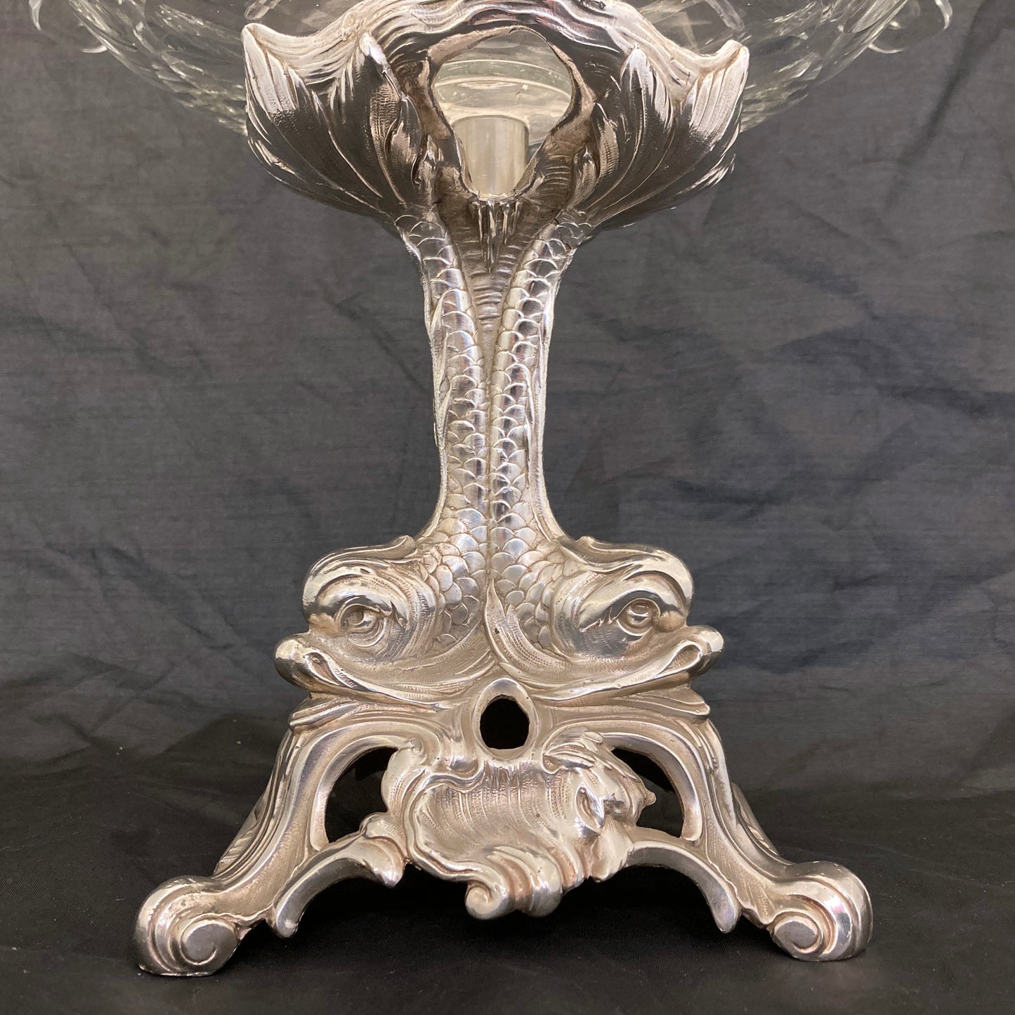 Silver plated centre piece with dolphins and a cut crystal bowl