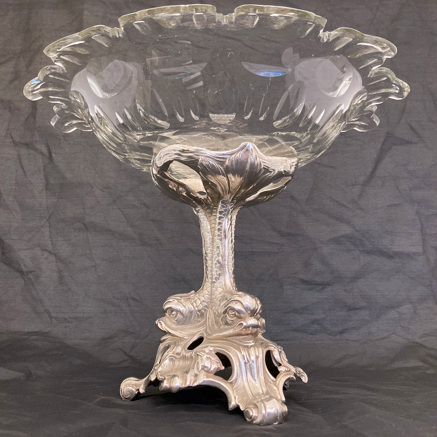 Silver plated centre piece with dolphins and a cut crystal bowl