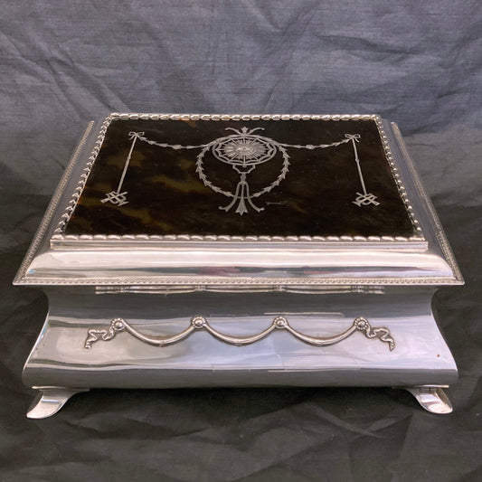 Large Solid Silver Pique Inlaid Jewellery Box - William Comyns London 1906