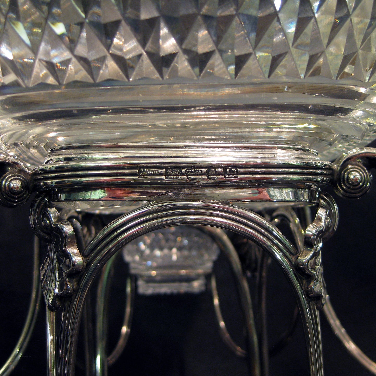 AAA+ Silver Georgian (Regency)centre piece with cut crystal.