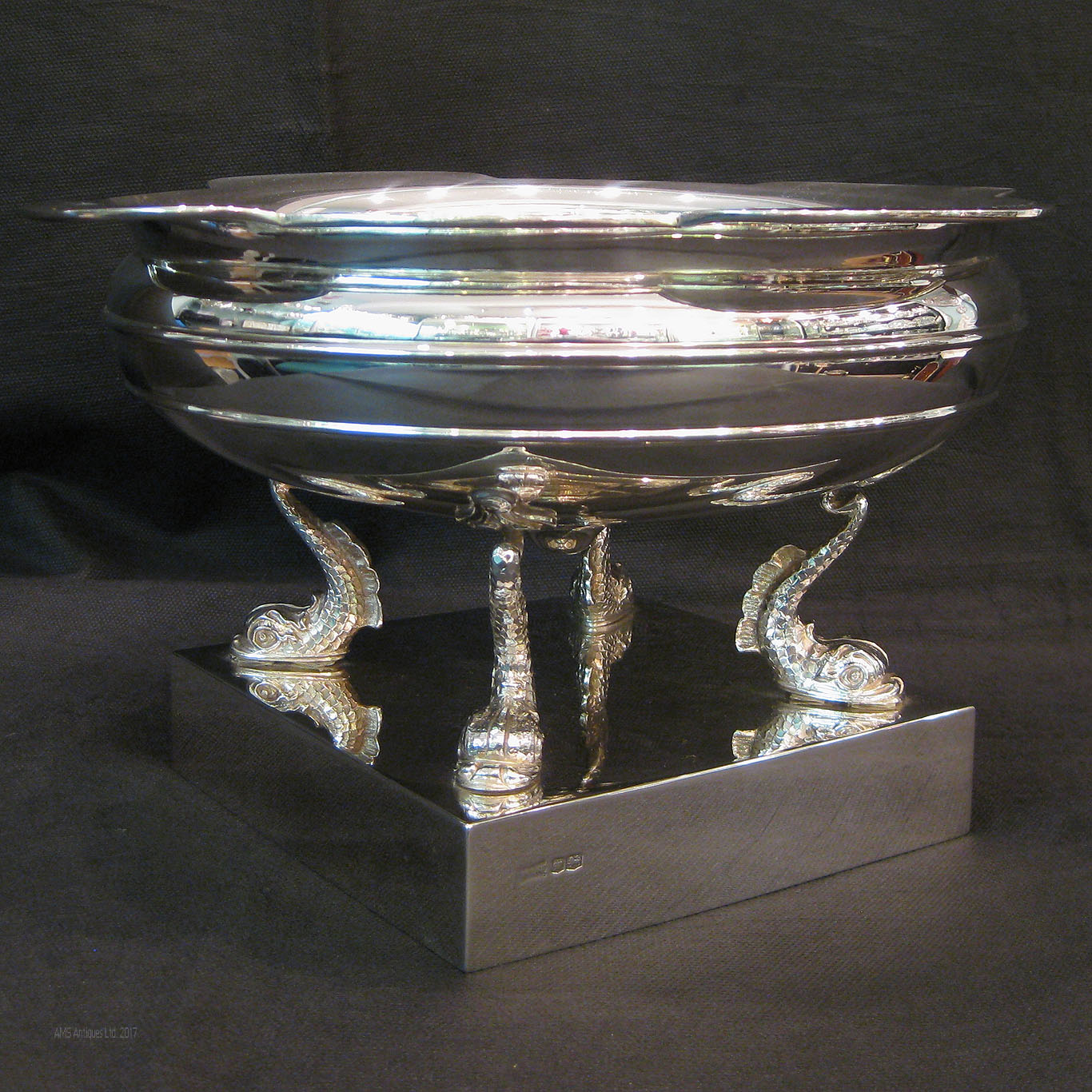 Silver Bowl with sturgeons on base.